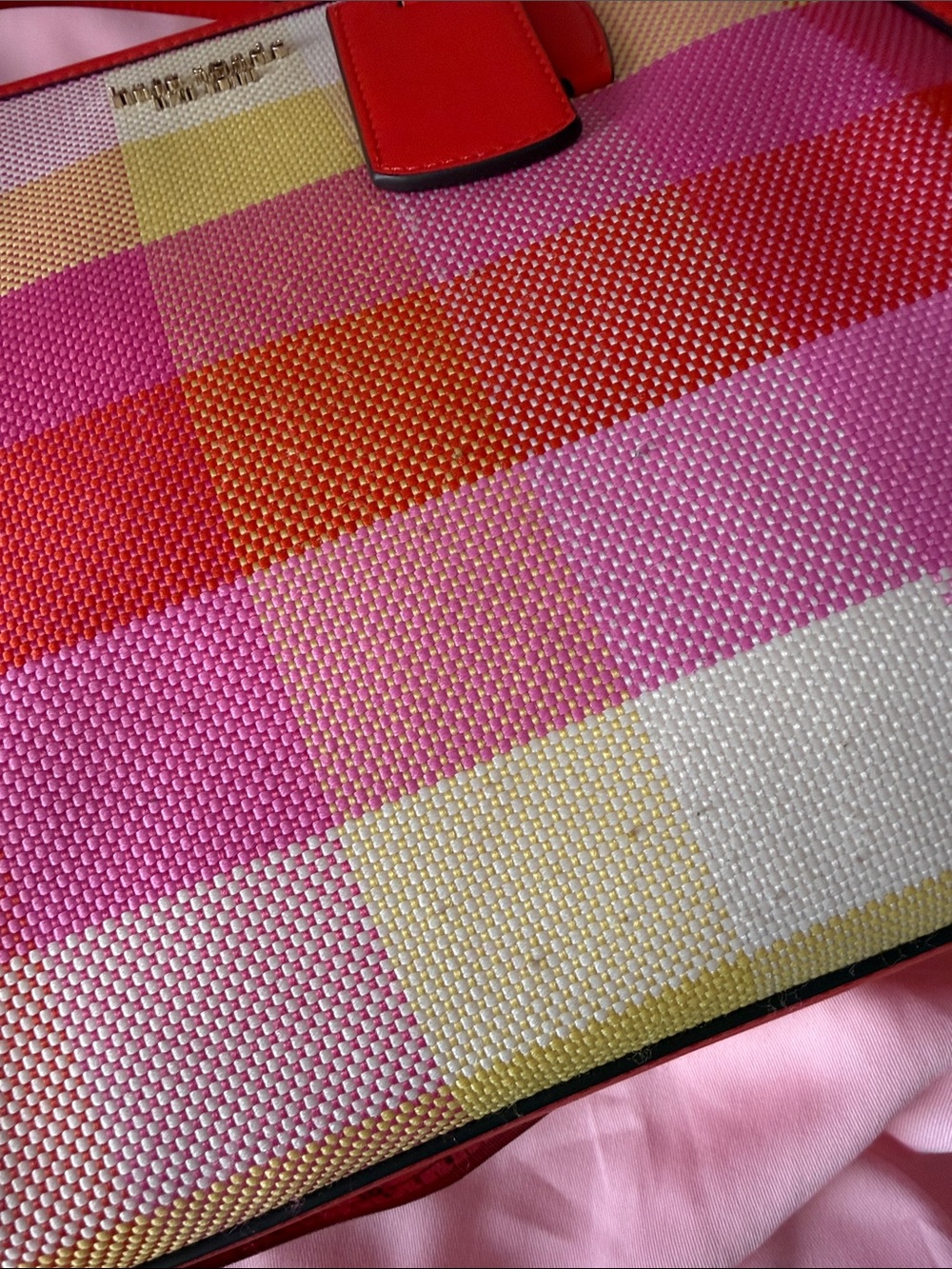 kate spade Pink, Orange & Yellow plaid Canvas Tote - Picture 12 of 14